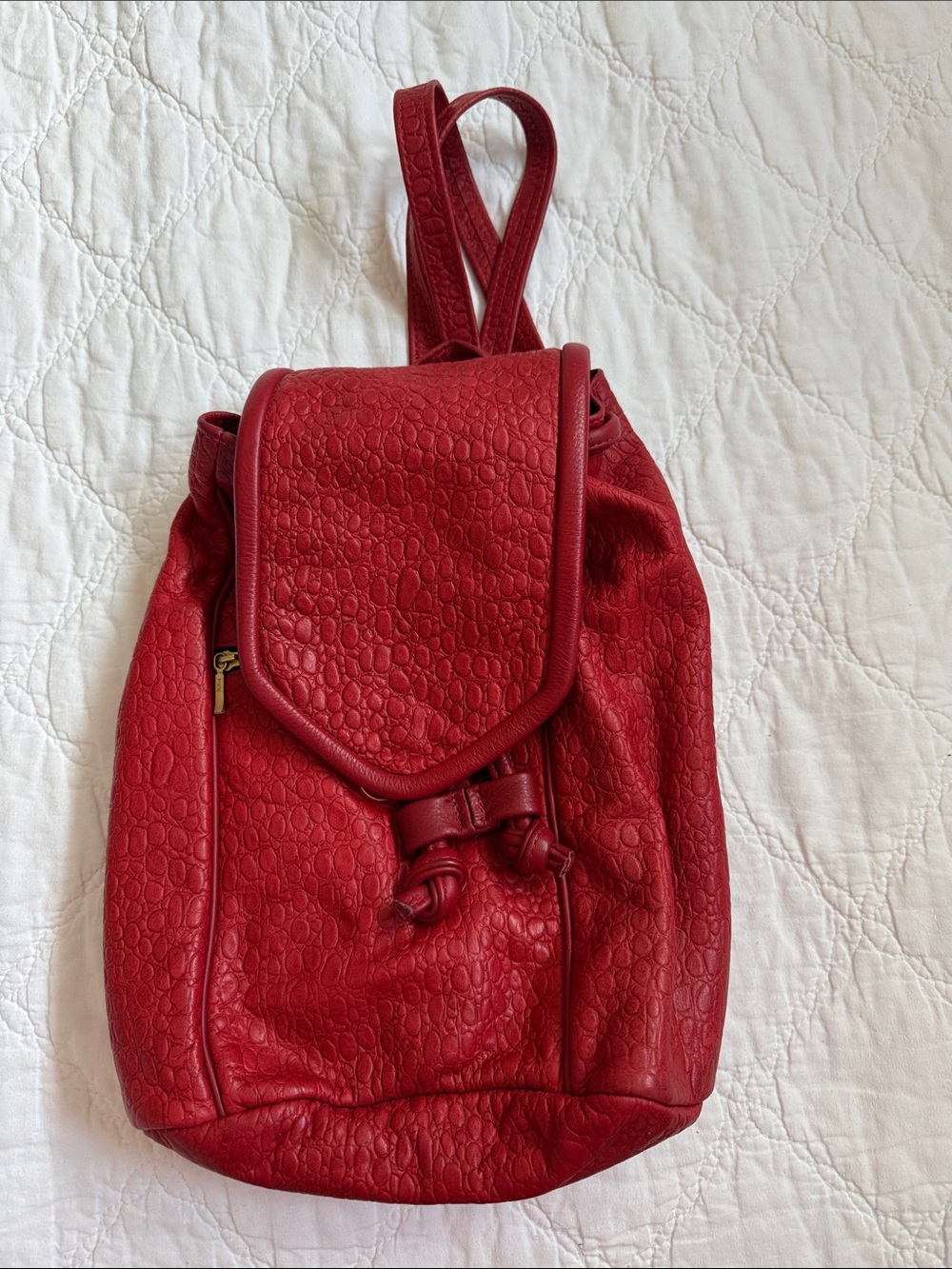 Red Leather Textured Drawstring Backpack Shoulder Bag